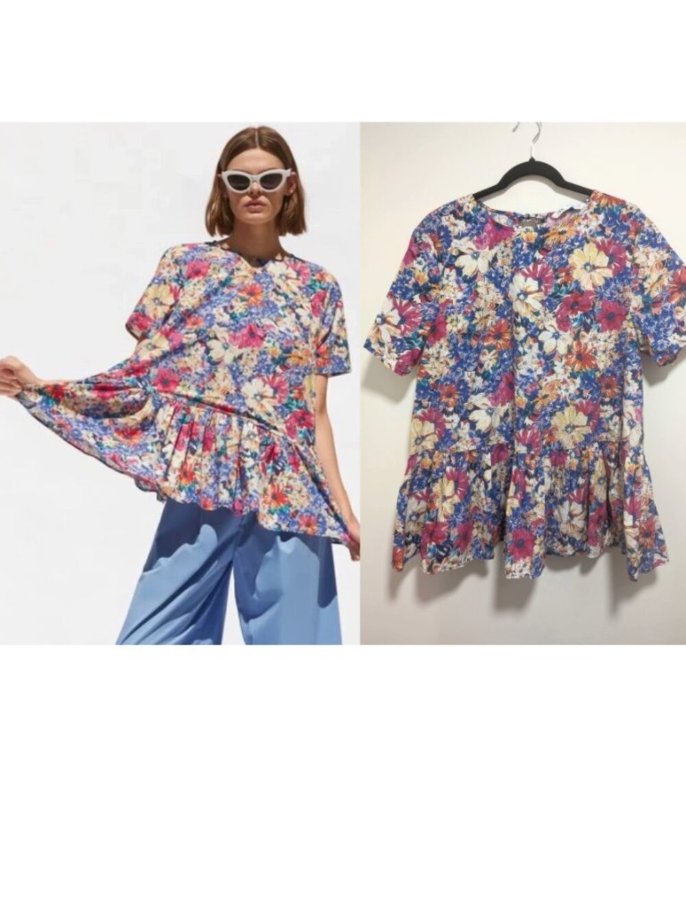 Zara | Vibrant Floral Poplin Peplum Blouse In Multicolor